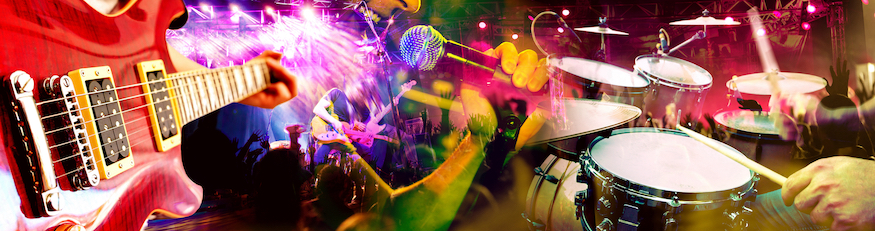 Musical performance on stage. Recreation and music show. Live music and concert background. Guitarist and drummer and singer.Night entertainment and festival events.